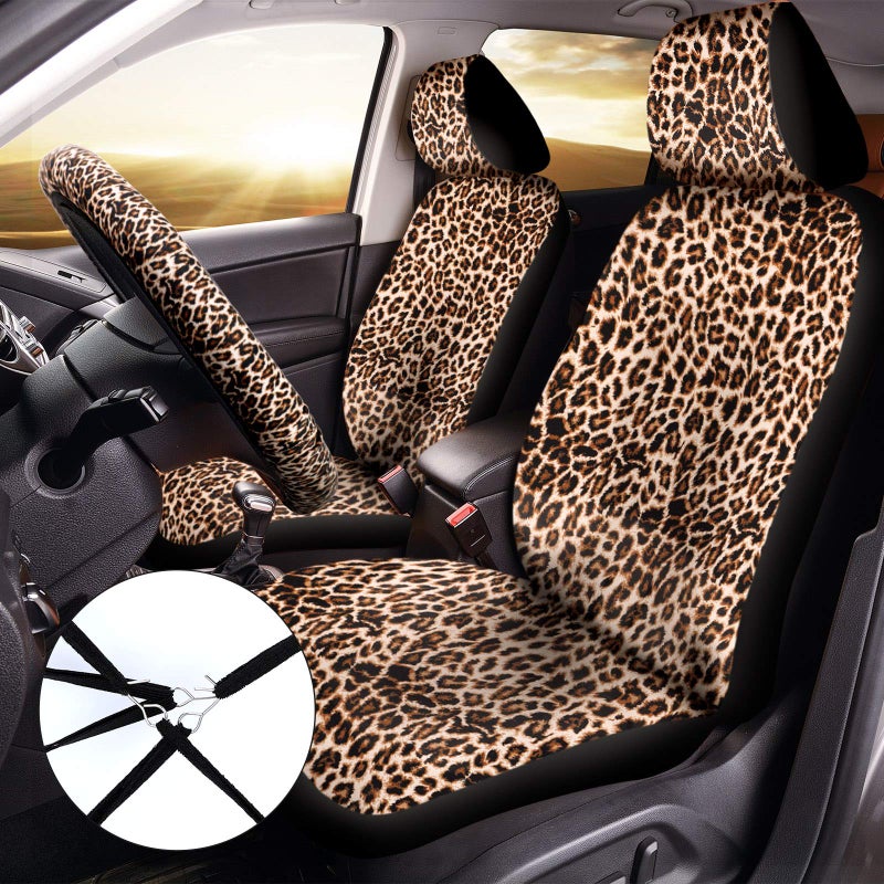 Frienda 13 Pieces Leopard Print Car Seat Covers Full Set, Leopard Accessories Set, Covers Steering Wheel Cover, Seat Pads Armrest Pad Cover Seat Belt Pads and Keychain Wrist Holder - Image 2
